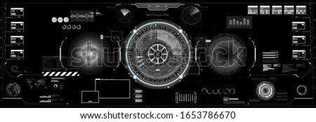 Innovation system Cockpit helmet in HUD style. Black and white futuristic VR Head-up display design. GUI, UI interface for virtual reality. Vector interface iron man, spaceship with HUD elements