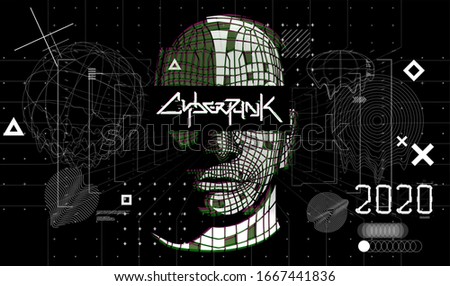 Digital abstract artwork with cyberpunk shapes. Black and white glitch generative art background, text technology and geometric elements. AI and VR technology. Sky-fi elements set. Vector illustration