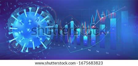 The impact of coronavirus on the stock exchange and the global economy. Covid-19 virus hits market. Shares fall down. Markets plunging. Economic fallout. Vector background Coronavirus and market