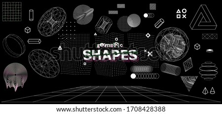 Modern universal trendy geometric shapes and 3D and other elements. Digital abstract set for you design. Cyberpunk, vaporwave in memphis and glitched style. Vector