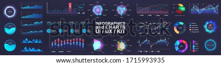 UI interface and Intelligent infographic. Dashboard template elements, charts, diagrams, bars teps, options, parts processes. UI, UX, collection. Mockups digital graphics and infographics set. Vector