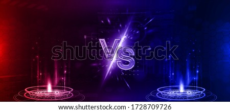 Futuristic Versus banner - image blank. Red and blue glow rays night scene with sparks. Hologram light effect. Competition vs match game, martial battle vs sport. Vector illustration versus