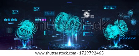 Head up display (HUD) with holograms 3D models parts. Turbine aircraft set with futuristic user interface. Engineering x ray mechanisms  with infographics and data. GUI, UI design. Vector HUD set