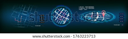 GPS tracking map UI, UX, GUI. Сity ​​map navigation with a round futuristic frame HUD. Design for gaming with locate position pin in perspective and frontal position. Vector GPS Location Navigator