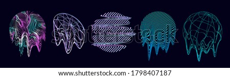 Retro futurism shapes, circle glitch and liquid elements. Holographic illuminated in 80s-90s. Futuristic design vaporwave, synthwave. Trendy shapes for merch and T-shirt. Vector set glitch elements