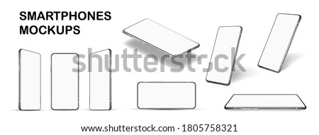 Detailed and beautiful collection smartphone white blank screen at at different angles. Mockup set isolated on white background. 3D realistic gadgets, smartphones. Mobile phone collection. Vector