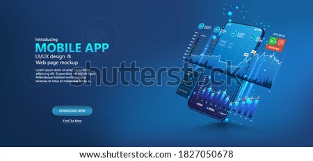 Template web page - online statistic, data Analytics and finance and trading mobile app. Smartphone app and UI, UX, KIT presentation mobile application. Analysis trends and financial strategy. Vector