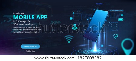 Modern smartphone presentation banner. Futuristic concept. 3D mockup mobile phone with hologram and HUD interface. Smartphone hangs in the air. Realistic phone with blank screen. Template vector phone