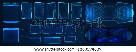 Frame Sci HUD. Vector futuristic screens for GUI, UI design. Set titles, virtual reality cyberspace, frame screens and other. Hi-tech callout bar labels, digital templates. HUD windows collection