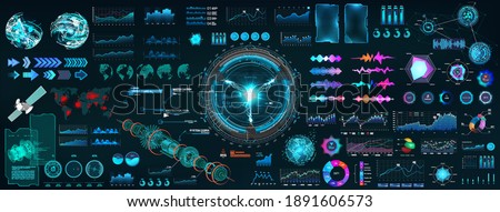 HUD elements interface boxes for UI, UX and GUI design. Sky-fi collection shapes and hi-tech elements - charts, infographics, circle tech elements HUD, audio wave, 3D elements and other. Vector