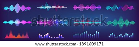 Sound waves equalizer colorful collection. Futuristic set in HUD style - music waves, frequency audio waveform, voice graph signal. Microphone voice control collection and sound recognition. Vector