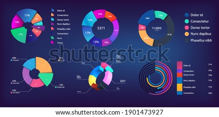 Neon gradient pie chart, infographic collection for reports and presentations, UI, WEB. Mockups circle infochart and Pie charts. 3D, and flat infographics. Modern Pie chart set. Vector illustration