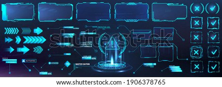 Futuristic frame border in HUD style for GUI, UI, UX and Web design. Callouts, arrows, labels, information call box bars, arrows and frame screen. Futuristic User Interface layout template. HUD set