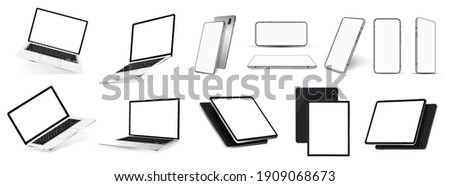 Realistic gadgets and devices mockups - 3D realistic smartphones, tablets and laptops in a variety of angles. Isometric, frontal, perspective. Gadgets template set. Mobile Phone, PC, Notebook Mockups