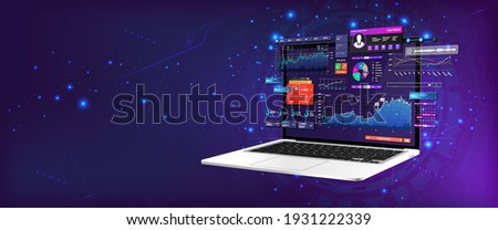 Dashboard Application on laptop with business analytics data, charts and graphics on perspective laptop. Web banner, concept statistics graphs, investment, trade and finance management. Vector 