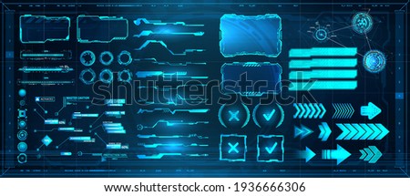 Sci-fi digital interface elements HUD for Game, UI, UX, KIT. Futuristic User Interface, frame screens, Callouts titles, FUI circle set, Loading bars, Lines and Arrows in HUD style. Vector collection Imagine de stoc © 