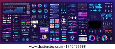 Neon elements for UI, UX, WEB design. Universal interface with Neon colors and elements with high detail. UI,UX, KIT, Web template - buttons, switches, bars,  screens display, calendar, search. Vector