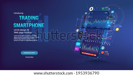 App for trading cryptocurrency on the phone. Template trading platform, web page concept. Smartphone App with UI, online statistic, data analytics and finance. Trends and financial strategy. Vector