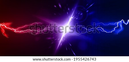 Lightning collision red and blue background, versus banner. Powerful colored lightnings and the flash from the collision. Confrontation concept, competition vs match game. Versus battle. Vector  Stockfoto © 
