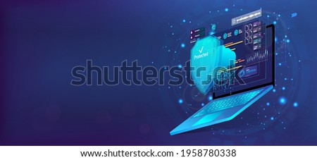 Laptop with shield, Cyber Security concept. 3D laptop and cloud data under the protection. Cybersecurity, antivirus, encryption, data protection. Software development. Safety internet technology