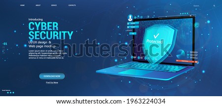 Protecting all personal data on your computer. Cyber security concept banner with laptop and security elements, data encryption, verification, software. Data privacy protection concept and shield