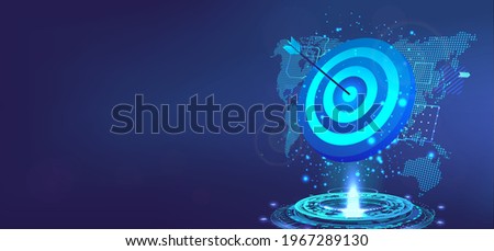 Goal achievement concept. Business banner template with 3D Goal, hologram and world map. Target for darts with an arrow to the bull's eye. Success, achievement, precision. Vector illustration victory