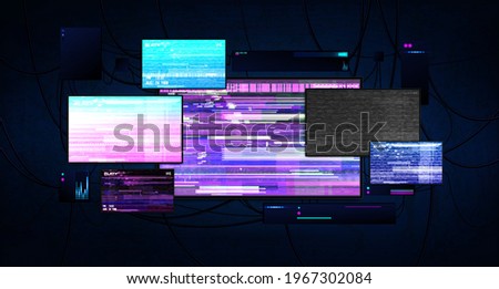 Futuristic server room with screens glitch effect. Dark cyberspace with burning monitors, wires and working equipment. Cyberpunk server room with monitors. Hacking and cyber protection concept. Vector