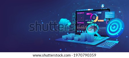 Audit, Business analysis, financial management, growth strategy and financial goal. Business development concept. Web banner with laptop, 3D cloud, calculator and dashboard with financial analysis.