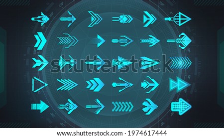 Arrows set in HUD style for Web, App, GUI - UI, UX, Kit design. Navigation elements - arrows, pointers, buttons, direction. Futuristic beautiful set arrows for Games, User interface. Vector graphic 