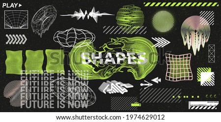 Toxic colors and trendy universal shapes with liquid, glitch effects. Retrofuturistic abstract forms. Vaporwave and memphis shapes for merch, t-shirt, posters. Digital retro glitch shapes. Vector set