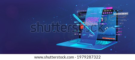 Conclusion of a transaction online with a digital signature. Remote business concept. Electronic signature and high level of security. Notebook and images of a contract hologram for signature. Vector