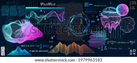 Quantum Mechanics, formulas and Science elements in futuristic Sci-fi style. Big data algorithms, deep learning artificial intelligence. Visualization technologies algorithms and Quantum Mechanics.