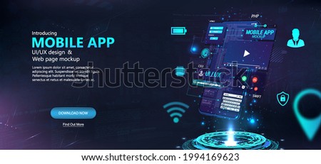 Mobile app development, phone hologram, wireframe toolkit - UI, UX, Kit, coding, usability with elements user interface, bars UI and icons. 3D modern smartphone with process App development. Vector