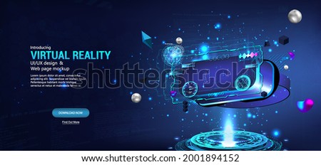 Futuristic VR glasses poster with HUD and virtual reality elements. AR and VR concept. Glasses augmentation headset in cyberspace. Helmer virtual and augmented reality. Vector illustration template 商業照片 © 