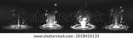 Energy portals with glow and heat effect. Teleport, magic portal, podium, lvl up, hologram - concept.  Fantastic hologram, hi-tech technology, podium and magic portal. Vector collection level up