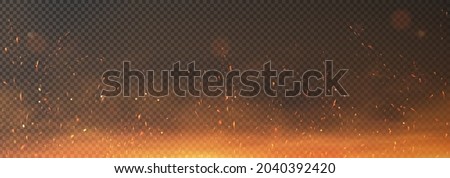 Fire sparks effect, background overlay with smoke sparks and fire particles. Realistic effect of flame in bonfire, from blacksmith works or hell. Flying up embers with glow. Vector overlay effect