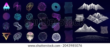 Retrofuturism and memphis vaporwave geometric shapes, elements, texture with glitch and liquid effect. Retro 80s and 90s cyberpunk abstract shapes. Universal trendy shapes. Vector collection