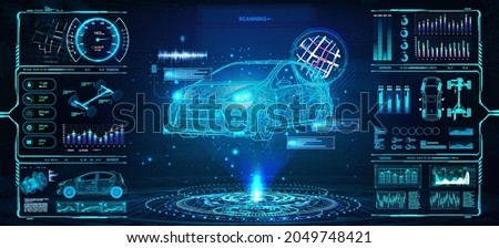 Diagnostic Auto in HUD style. Scan and Maintenance Automobile in 3D visualisation hologram. Hi-tech Car Service with HUD interface. Dashboard in auto service, diagnostic car, repairs cars. Vector  Foto stock © 