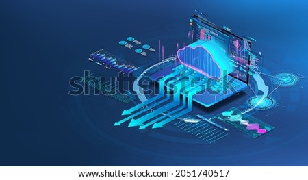 Cloud storage with laptop in isometric. Data center with data exchange for hosting or cloud service. App or Network with computing technologies. Saas, Networks, Softs, Programs. Vector banner