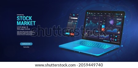 Web page Trading platform for Forex, Stock Market App. Digital money, cryptocurrency, investment, finance and trading. Laptop and smartphone for stock market with UI, HUD. Bitcoin, Crypto Trading App
