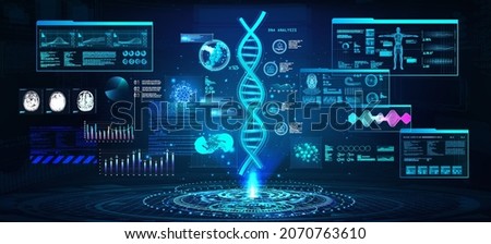 DNA formula research and full analysis with the obtained data in a futuristic laboratory with a HUD interface and a hologram. Hi-tech healthcare diagnostic. HUD, UI, GUI interface and DNA scan. Vector