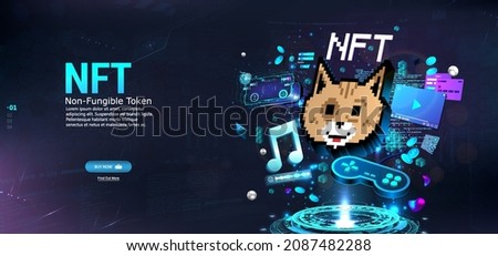 NFT token in crypto artwork. Banner Non-fungible token with aspects of intellectual property. NFT token in blockchain technology in digital crypto art. ERC20. 3D hologram with Cryptocurrency and art