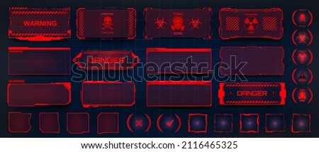 Red warning screen frames and HUD info borders. Cyberpunk interface elements, Safety system alert window, info box, callouts HUD for UI, GUI. Hi-tech Warning panels, holograms. Vector collection FUI