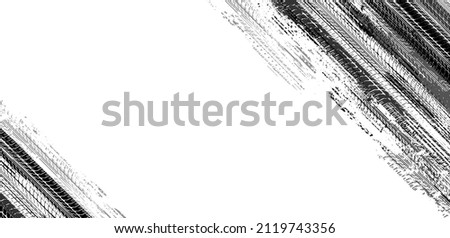 Tire tracks background for rally, drift, motocross, off-road and other auto and motorsport. Black tire marks on a white background with a worn effect and splashes of dirt. Vector isolated texture