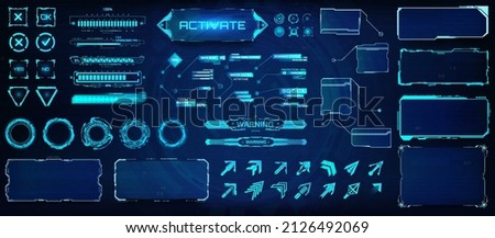 Sci-fi futuristic user interface HUD for games, UI, UX, KIT and Web design. Digital interface elements, frames, arrows, callouts titles, fui circle set, lines, arrows, loading bar. HUD mockups UI, GUI