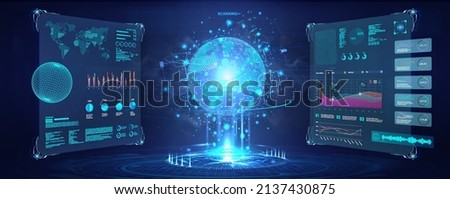 Futuristic cyberspace with dashboard elements HUD. 3D Earth Globe hologram in control center with UI Sci-fi. Military security system HUD. Earth Globe control center with Dashboard - tracking system