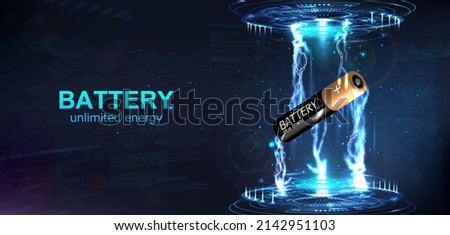 Futuristic banner 3d Li-Ion AA or AAA battery. Futuristic hologram with electric lightning discharges or battery discharge. Mockup banner with electric lightening bolt power. 3D Vector banner