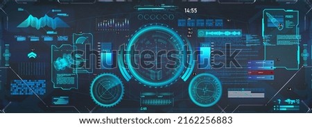 FUI HUD virtual reality, view from the helmet. Sci-fi Head-up display, cockpit view. Futuristic display for VR goggles, cyber world simulation or metaverse. Cyberpunk dashboard with UI, HUD interface