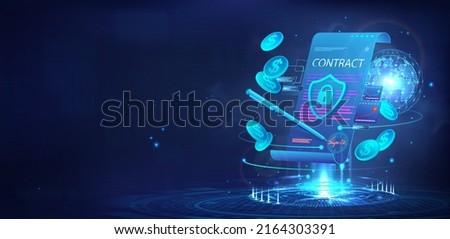 Banner template - Electronic contract, document, smart file in blockchain with electronic signature via internet. 3D hologram with Smart contract and Earth Globe. Business on the Internet. Vector