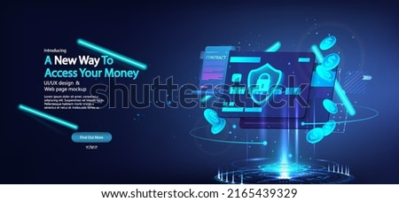 Banking credit card and a futuristic hologram with a contract. Modern banking management with high level security. Credit, debit banking card for online payment, money transfers, protection. Vector